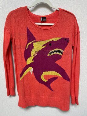 Like New Sparkle & Fade Coral Shark Pop Art Knit Crewneck Sweater S